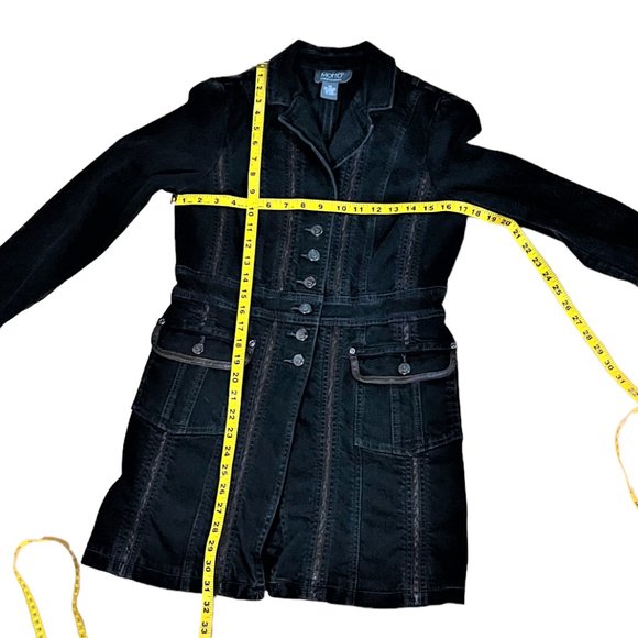 Motto 98% Cotton Button Front Long Jacket/Blazer Black Denim Brown Trim, Sz XS - Picture 3 of 9